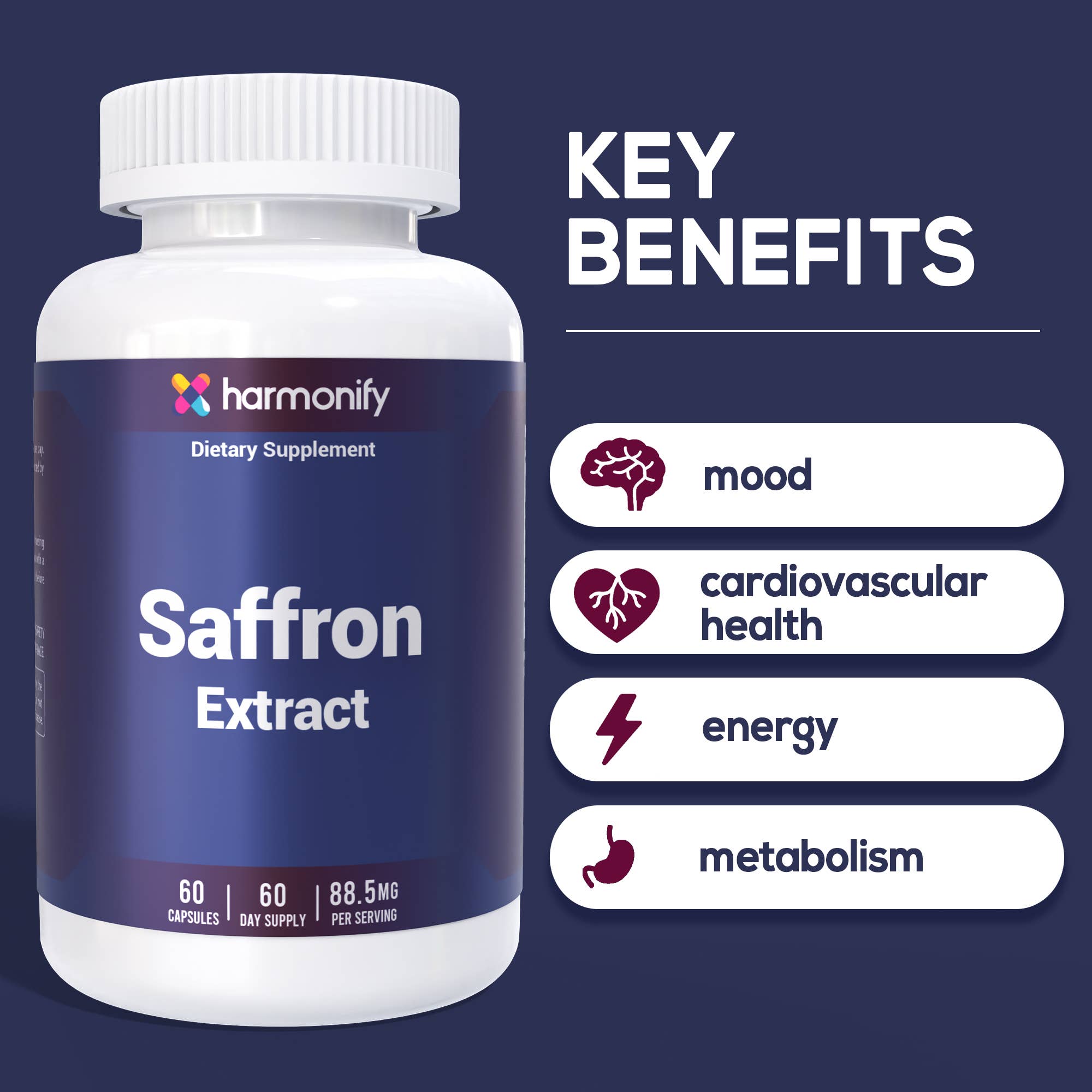 HARMONIFY - HARMONIFY Saffron Extract 88.5mg – Mood, Eye & Appetite Support – 60 Capsules | Natural Saffron Supplement from Crocus Sativus L. | Non-GMO, Vegan-Friendly, Made in USA